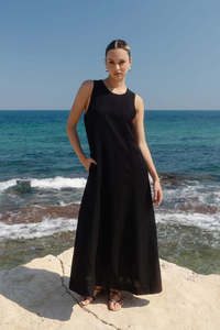 REUNION Easygoing Black Linen Sleeveless Dress
