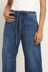 STORIES BE TOLD Campus Deep Blue Tie Waist Barrel Jean