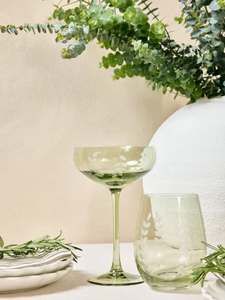 Hayz Homewares: WILLOW+MAE Olive Green Etched Leaf 2 Set of Stemless Glasses