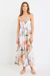 Among The Brave: AMONG THE BRAVE Relax Tuscan Sunset Strappy Tiered Maxi Tiered  Dress