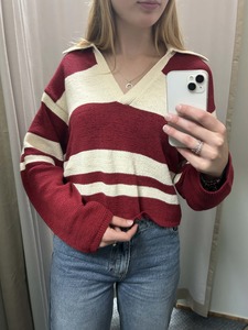 MON RENN Cosmo Knit Jumper Burgundy Cream Stripe