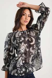 Ivy Jack: IVY+JACK Briefly Scrolling Foliage Frill Sleeve Crew Neck Top Black