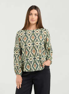 BLACKSTONE Skylar Pintuck Sleeve Top Eden Green Aztec