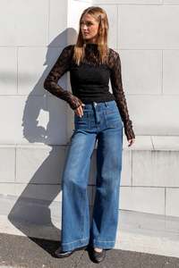 AMONG THE BRAVE Zoey High Rise Wide Leg Pocket Jean Marine Blue PETITE