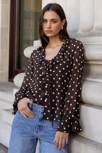 AMONG THE BRAVE Bohemian Chocolate Polka Dot Blouse