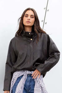 STORIES BE TOLD Ensemble Chocolate Faux Leather Funnel Neck Zip Jacket