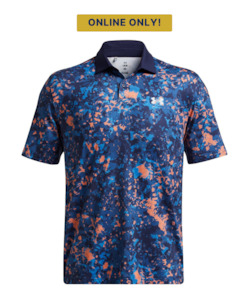 Polo's: 2024 Under Armour Men's T2G Printed Polo - Flare Orange/Tech Blue/Midnight Navy
