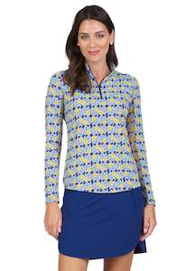Ibkul: 2023 IBKUL Womens Chantal Print Long Sleeve Mock Neck Top - Navy / Peri