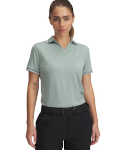 2025 Under Armour Women's Drive Short Sleeve Rib Polo - Silica Green/Black/Black