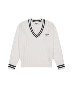 Womens: Huffer Golf Women's V-Neck Cable Knit Sweater - Chalk/Black