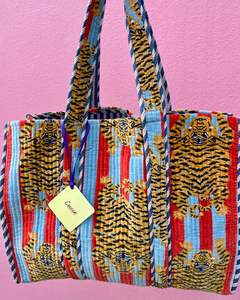 Accessories: Velvet Tote Bag - Tiger Red and Light Blue
