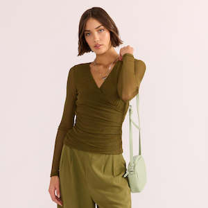 Elodie Mesh Wrap Top - Khaki