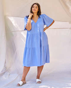 Dress: Betty Basics | Regina Linen Dress - Berry Blue Stripe
