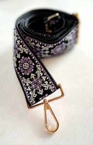 The Cottage Collection - Bag Strap - Black with Purple Design - Penny