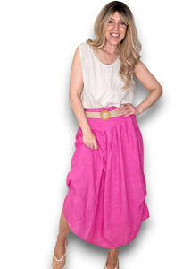 Helga May | Hot Pink Midi Raffia Belt Linen Skirt
