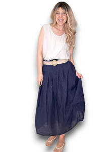 Linen: Helga May | Navy Midi Raffia Belt Linen Skirt