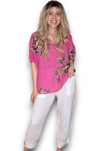 Helga May | Hot Pink Spring Blossom Linen Top
