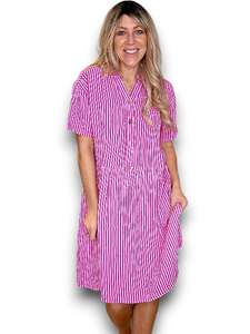 All Dresses: Helga May | Hot Pink Stripe Midi Coconut Button Dress