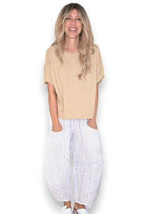 Helga May: Helga May | White Pinstripe Barrel Linen Pants