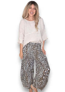Pants: Helga May | White Leopard Barrel Linen Pants