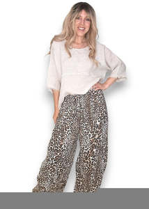 Pants: Helga May | Beige Leopard Barrel Linen Pants