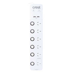 Power Board 6 Socket 6 Switch 2 USB Surge Protected