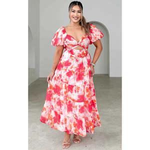 Size 20: Pink Floral Bretta Sweetheart Puff Sleeve Maxi - 20