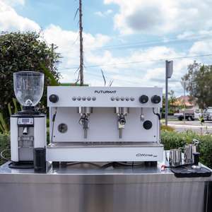 Futurmat: White Futurmat Ottima & DIP DS-68 Grinder + Precision Accessories & Stainless Steel Coffee Cart Package