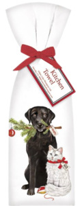 Black Lab with Cat Christmas Kitchen Towel
