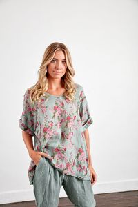 Women's Natural Linen Oversized Floral T-Shirt - The Dressing Room NZ