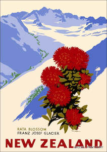 Nz Retro Prints: Vintage NZ Tourism Prints - Rata Flower Franz Josef Glacier