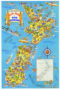 Vintage NZ Tourism Prints - Fun Map of New Zealand