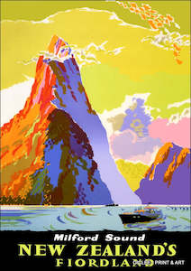 Nz Retro Prints: Vintage NZ Tourism Prints - Milford Sounds