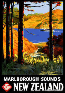 Nz Retro Prints: Vintage NZ Tourism Prints - Marlborough Sounds