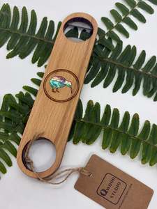 Nz Made Homeware: Wooden Bottle Opener with Paua Inlay - Native Birds