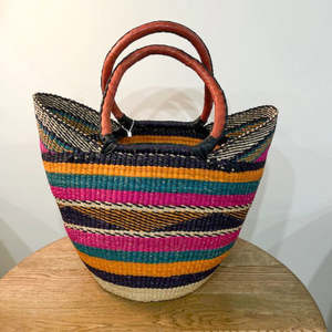 African Basket Collection: Market Basket ~ Bands of Teal and Orange and Pink