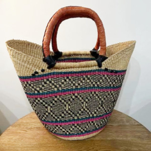African Basket Collection: Market Basket - Pink with Navy Diamonds