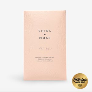 Shirl & Moss - Hazelnut, Orange & Sea Salt 52% Dark Chocolate Bar