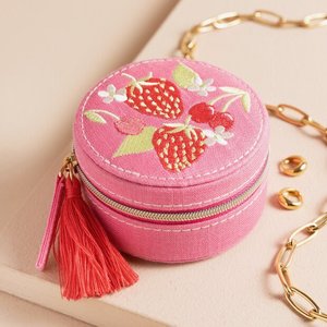 Round Embroidered Jewellery Case, Strawberry