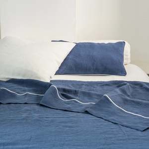 Premium Linen Collection: Fiore di Lino Flat Top Sheet | Stone Blue Piping | Made in Italy