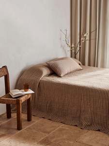Bedroom Collection: Pure Linen Bedcover | Toffee Stripe