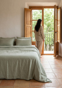 Granito Linen Bed Cover, Sage