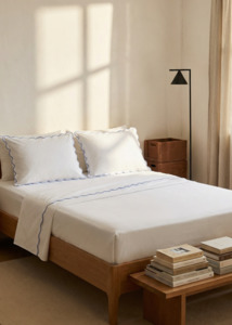 Hotel Luxury Bedding: Scalloped Embroidery Sheet set - Pale Blue