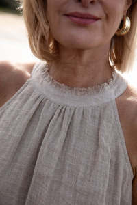 Tops: Gauze Linen Highneck Top | Natural