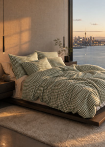 Duvet Covers: Linen Duvet Cover - Green Gingham