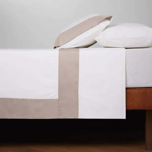 Ruben Cotton Percale Duvet Set | White & Taupe Border