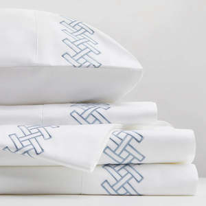 Hotel Luxury Bedding: Rattan Weave Embroidered Flat Sheet Set | Mediterranean Blue