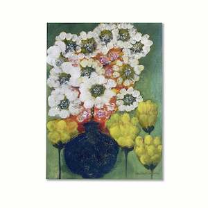 John Boyd Dunlop: Yellow Flowers Blue Vase | Painting | by John Boyd Dunlop