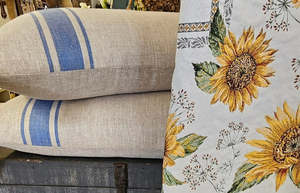 Products: Blue grey stripe linen cushion