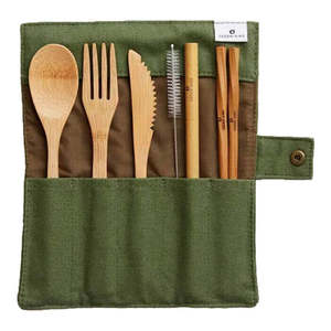 Bamboo Cutlery Roll-Up Set - Olive